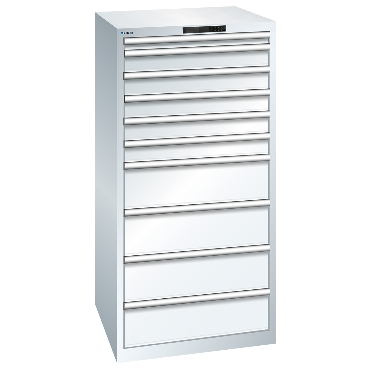Lista armoire à tiroirs 36 x 36 E, 10
tiroirs, blanc pur, Code Lock, hauteur
1450 mm