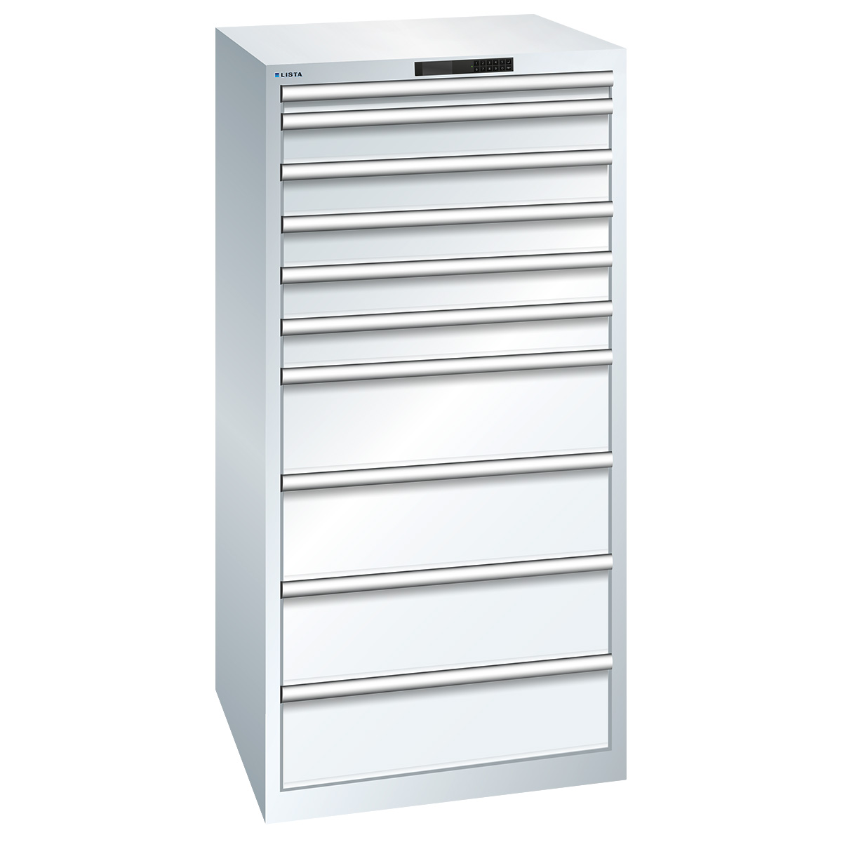 Lista armoire à tiroirs 36 x 36 E, 10 tiroirs, blanc pur, Code Lock, hauteur 1450 mm