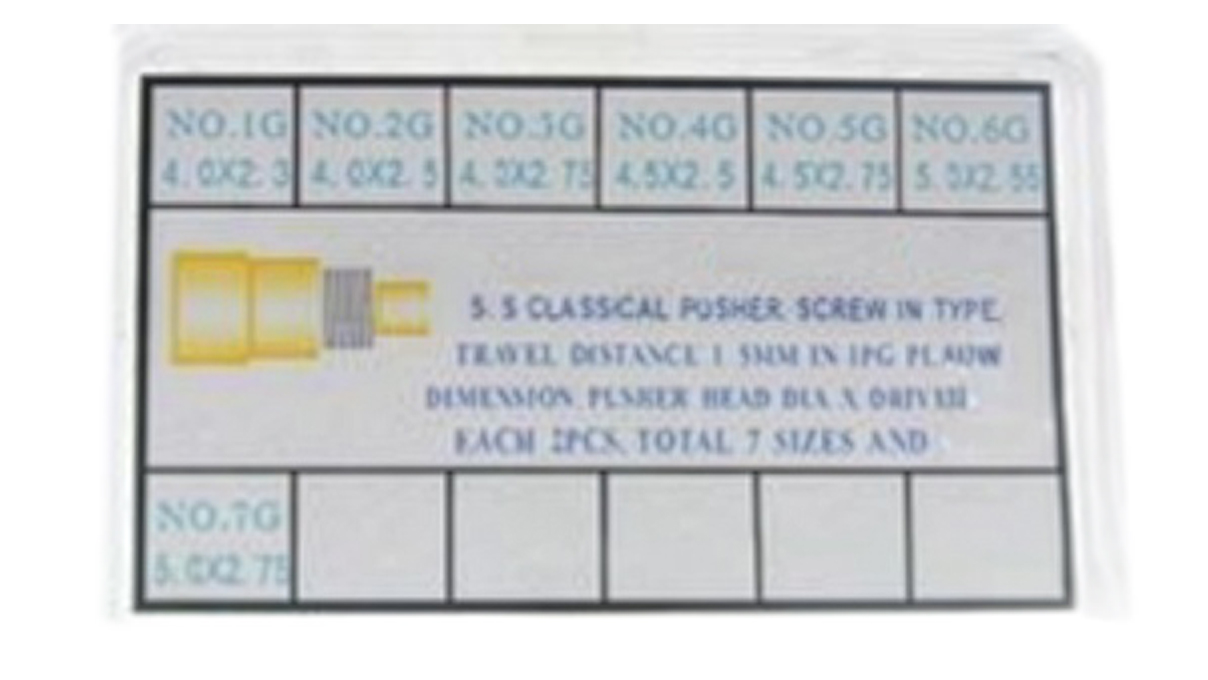Assortiment de 14 poussoirs pour chronographes, à visser, doré, 7 tailles, 2 pièces de chaque
(tête Ø 4 / 4,5 / 5 mm, tige Ø 2,3 - 2,75 mm)