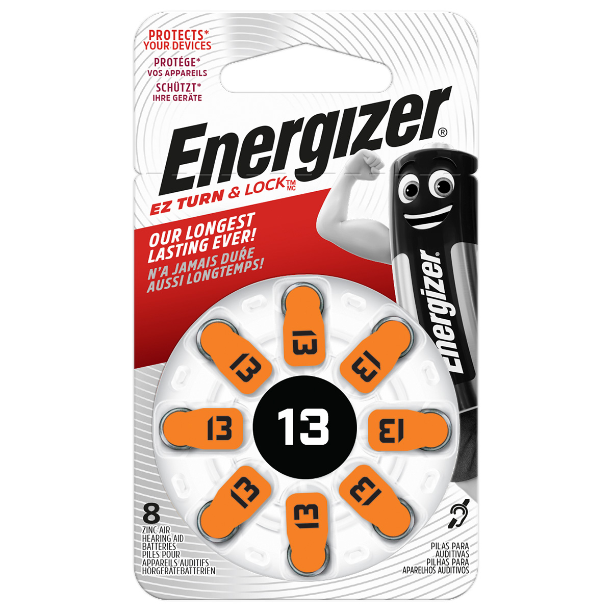 Energizer Zinc Air piles auditives No. 13, plaquette de 8 piles, 1,4 Volt, 255 mAh