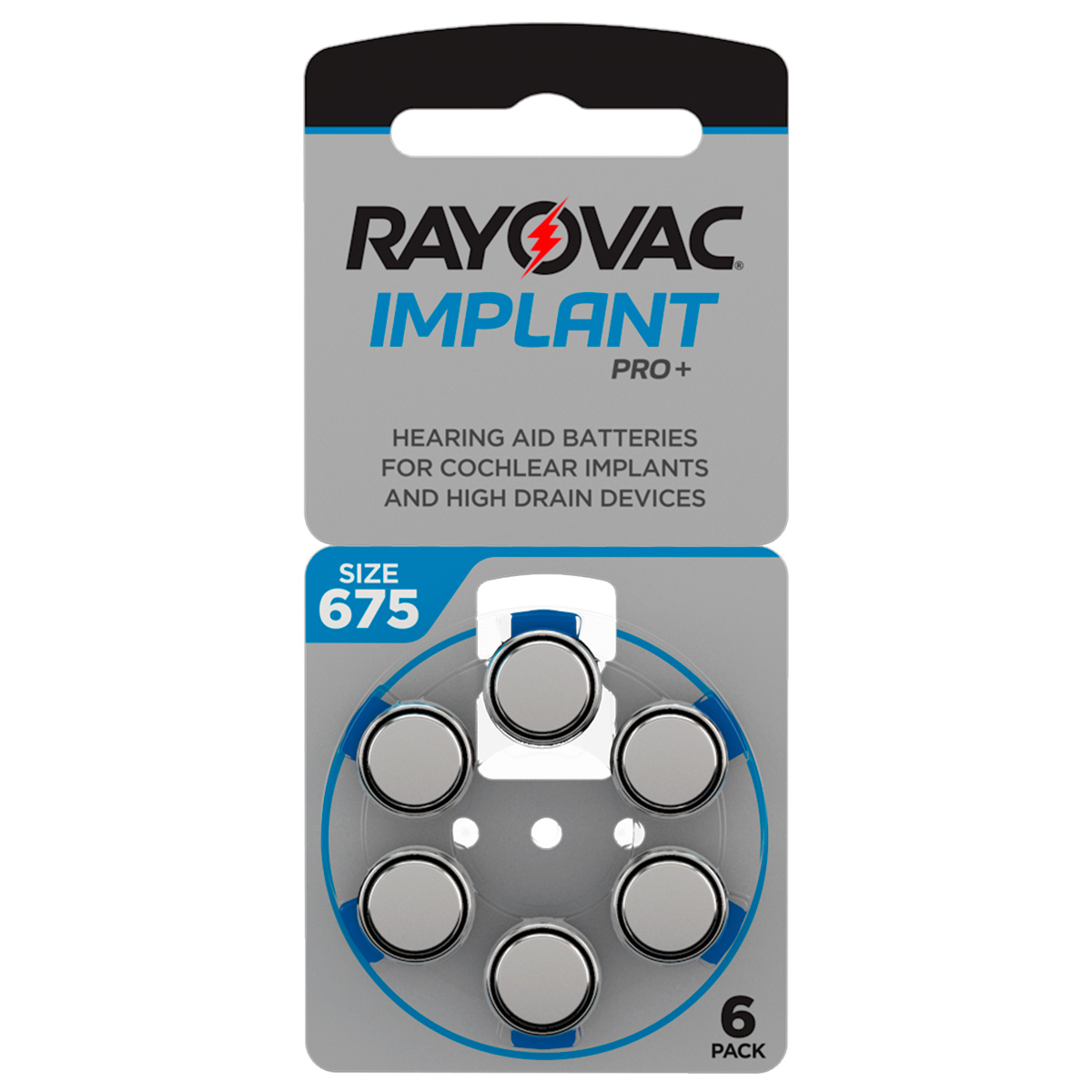 Rayovac Implant Pro+, 6 piles auditives No. 675pour les implants cochléaires, plaquette
