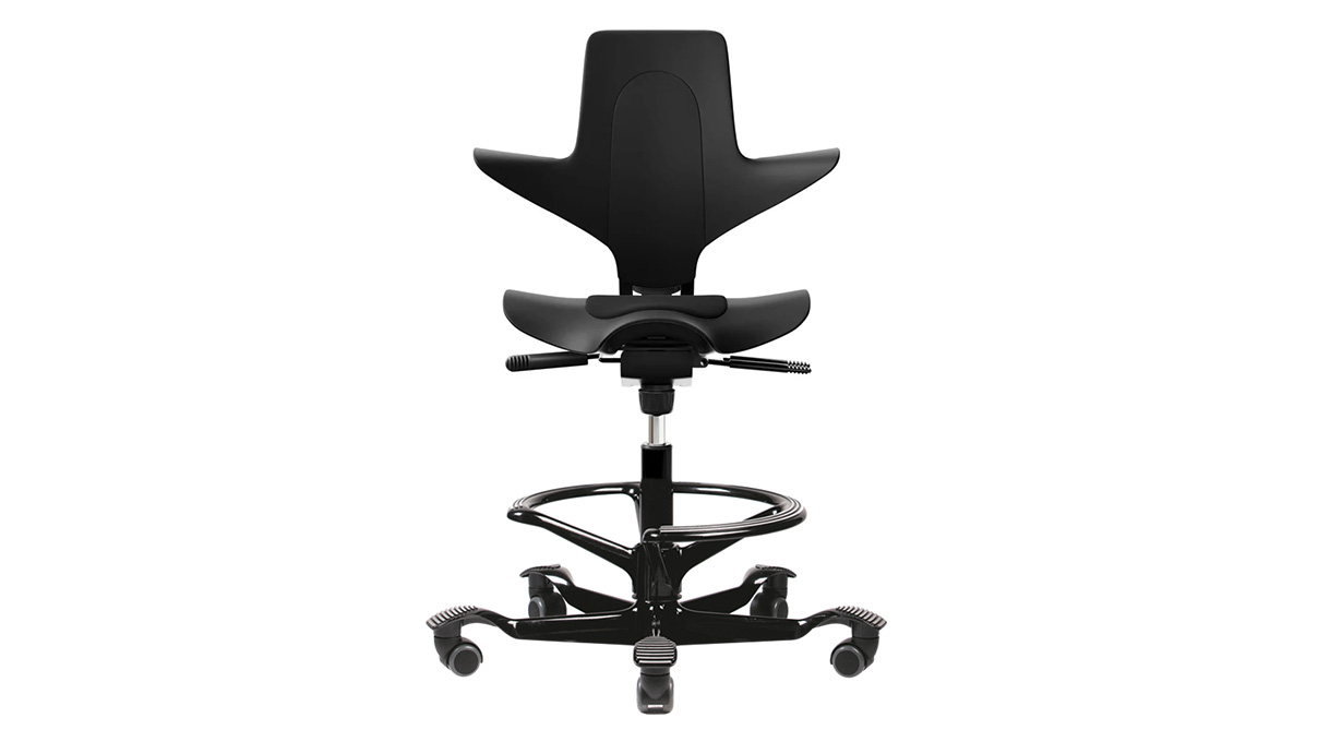 Capisco Puls siège de forme 8010, hauteur d'assise 55 - 79 cm, standard, tissu d'assise Illusion ILU110 noir, similicuir
Dolce 6728 Black, roulettes à arrêt souple pour sols durs, piétement noir, vérin à gaz 265 mm, avec anneau de pied