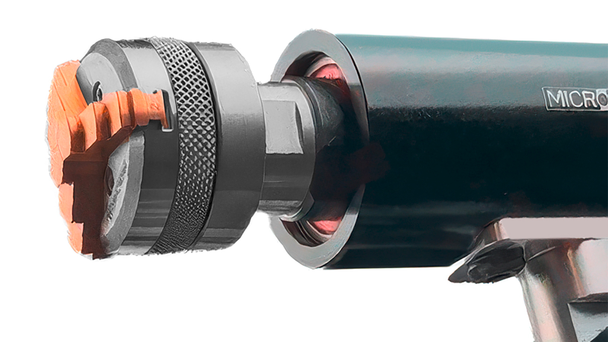 Micromecalp Chariot de lapidage avec réglage micrométrique et trois mandrins à pinces standards (Ø 40 mm,
réglables individuellement), incl. Nano X36 avec mors en laiton variables, filetage M14