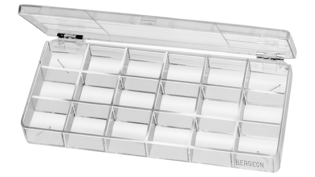 Bergeon 2968-12 Boîte de rangement à 18 compartiments, chacun 28,5 x 47 x 18 mm, transparent, avec couvercle à
charnières