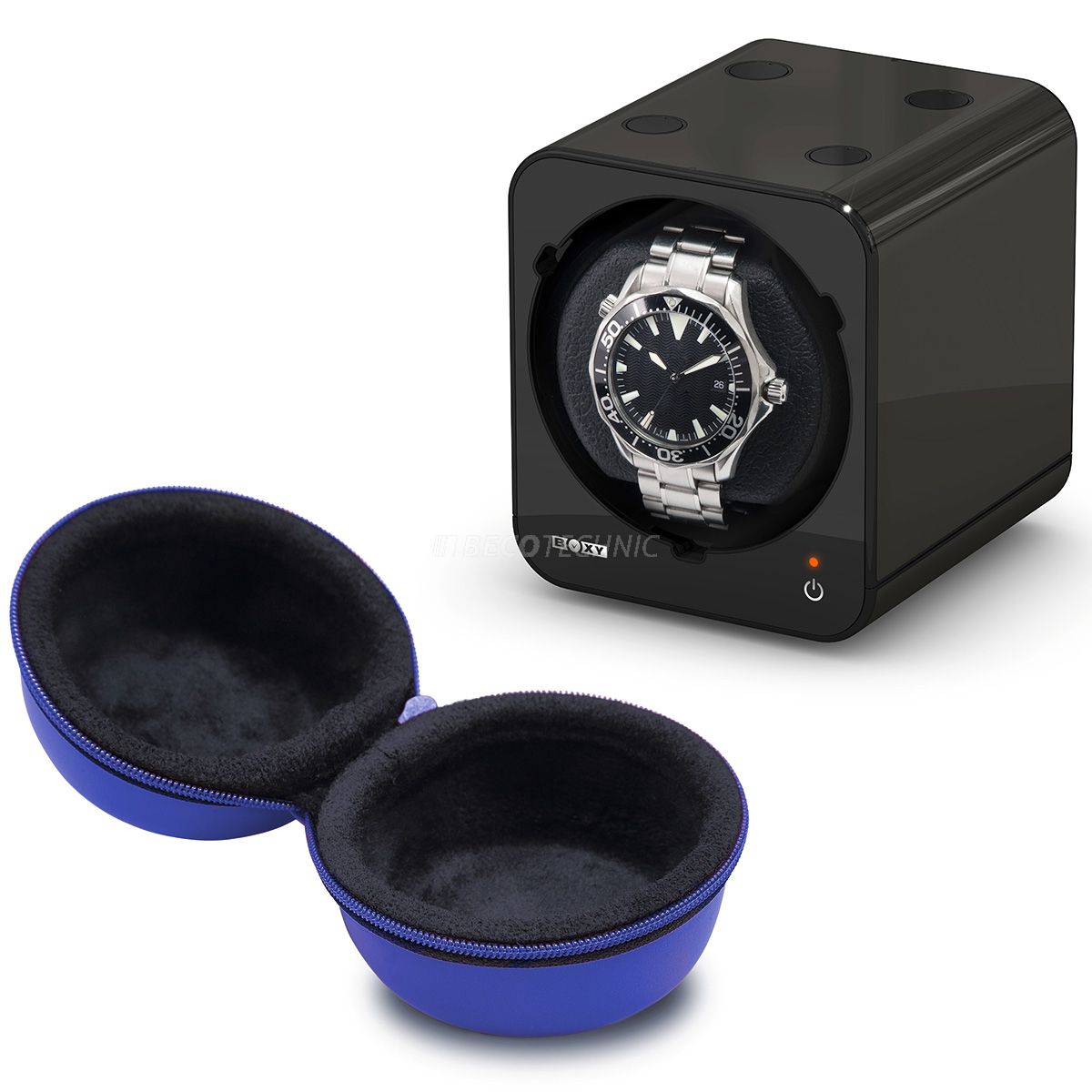 Boxy Watch Box, Étui de montre, cuir volant, bleu, ronde