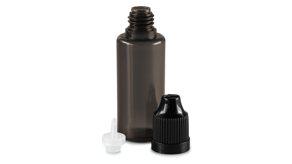 Set de 9 flacons, 5 - 50 ml, noir, avec couvercle, doseurs et entonnoir