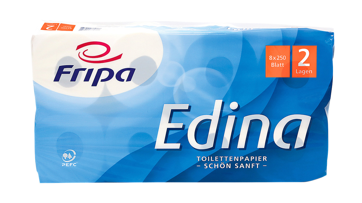 Fripa Edina papier hygiénique, 8 rouleaux, 2 plis, composé à 100% de pâte blanchie sans chlore