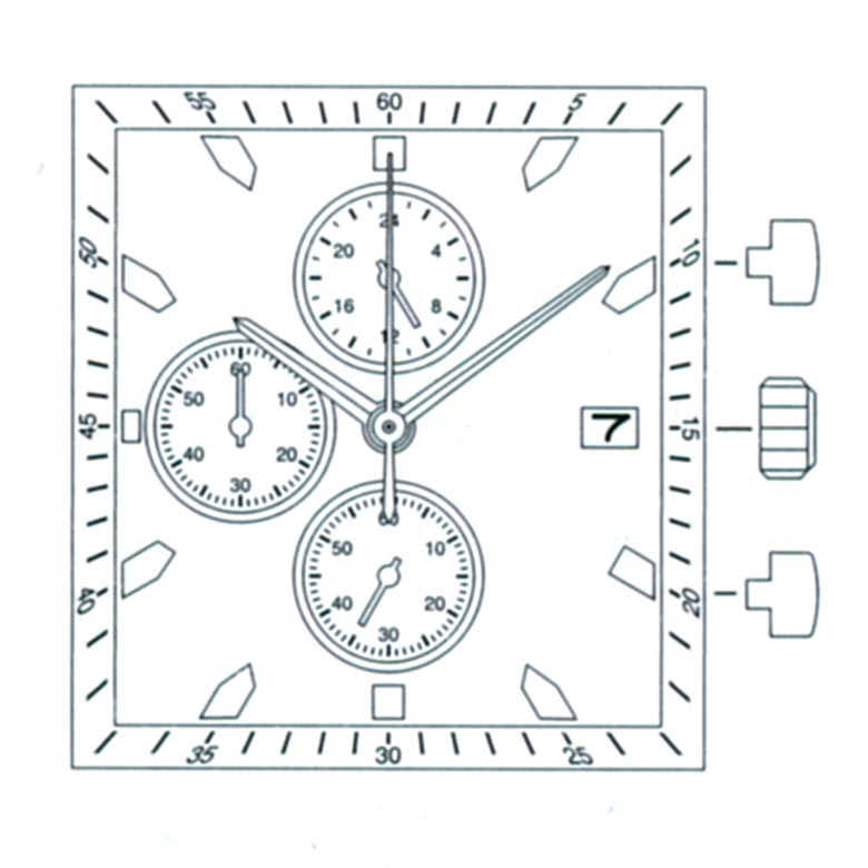 Mvt. Miyota FS15 High Hand 10 1/2''' DATE3, SUS SC CHRONO 3 EYES PUSH 24H SEC MIN Quartz (377 | SR626SW)
