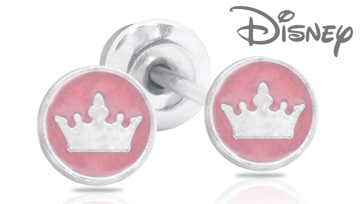 QPP Ohrstecker JCM10, Krone, Emaille rosa, Disney-lizenziert, weiß, 1 Paar