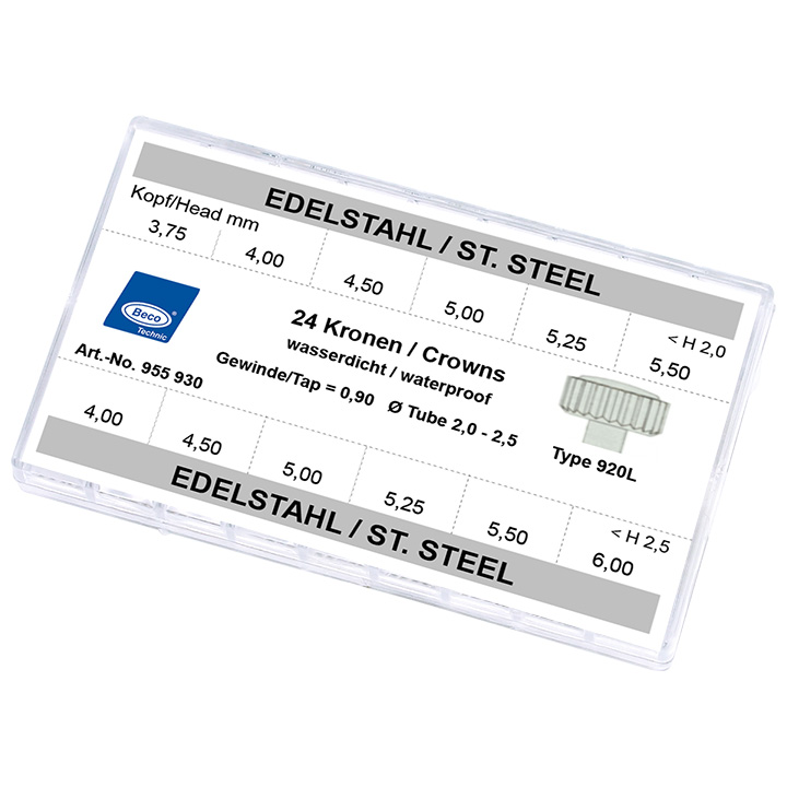 Assortiment de 24 couronnes étanches 920NL, pierre  prec., tube lg., filetage 0,90, tube 2,0/2,5, tête Ø 3,75-6,0 mm