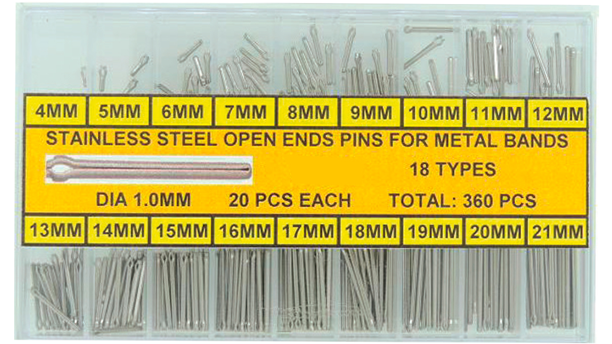 Assortiment de Open End Pins, acier inox, Ø 1 mm, longueur 4 - 21 mm, 360 pièces