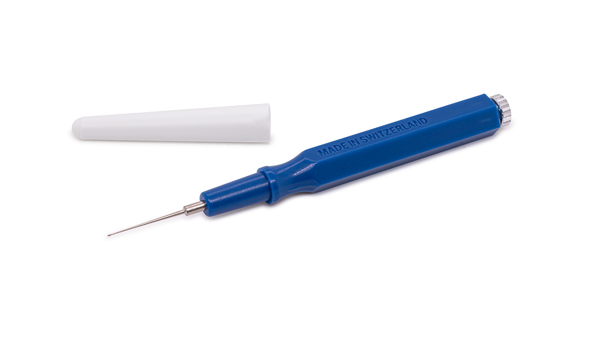 Pique-huile, bleu, bombé, fine, 0,3 mm, avec 2 pointes de rechange