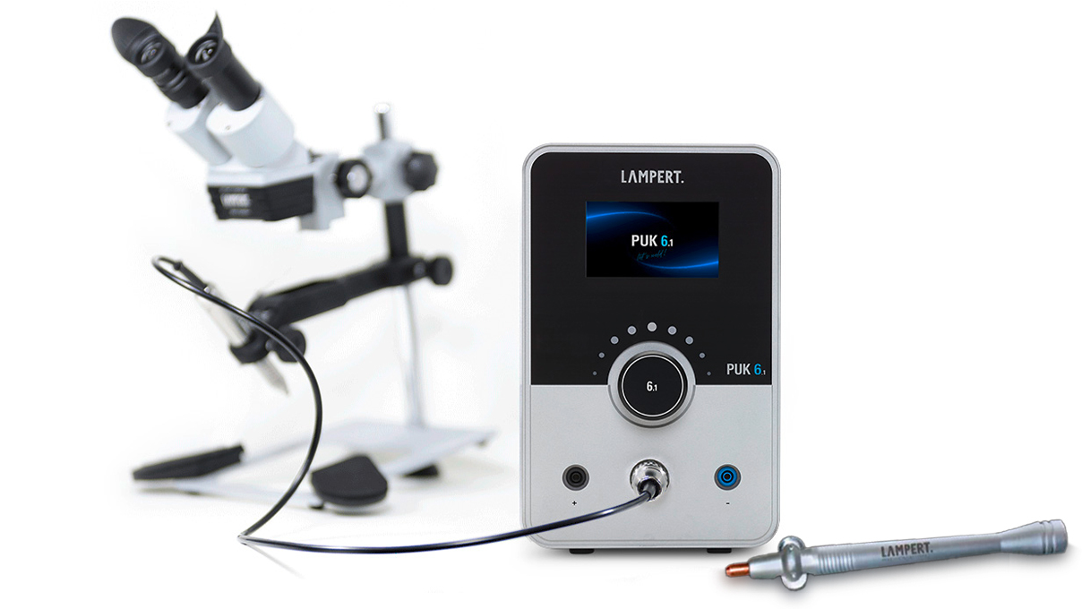 Appareil de soudage par points Lampert PUK 6.1 avec microscope de soudage SM 6 et pièce à main, ainsi
qu'un Lampert Wire Pen gratuit