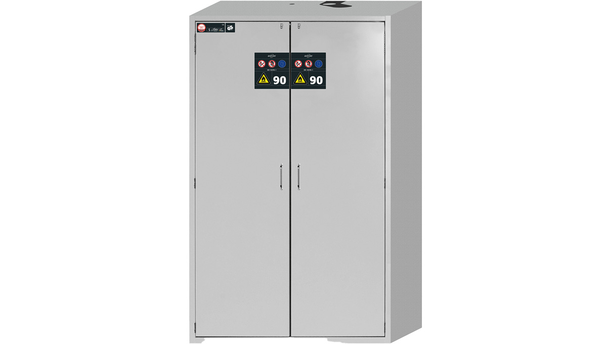 Armoire de sécurité type 90, gris claire, largeur 119,6 cm, 2 portes battantes, 2 étagères, 2 bacs coulissants, 1 plateau
perforé, 1 bac inférieur