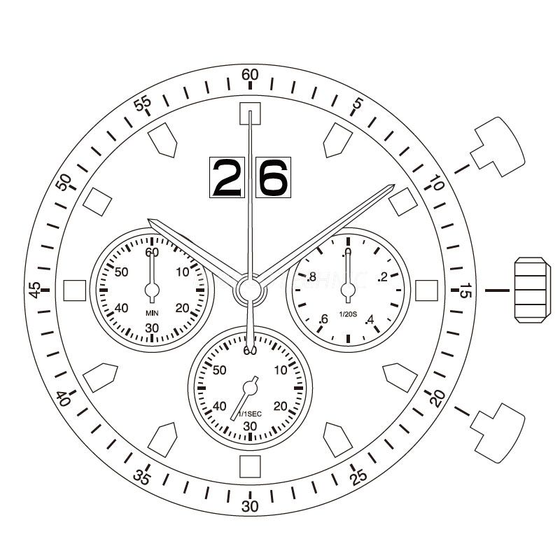 Mvt. Miyota 6S50 15''' DATE12 SC BIG DATE 3EYE CHR MIN SS 1/120 Quartz (395 | SR927SW)