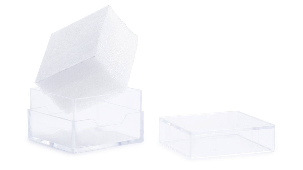 Boîte transparente avec mousse blanche, 25 x 25 x 16 mm