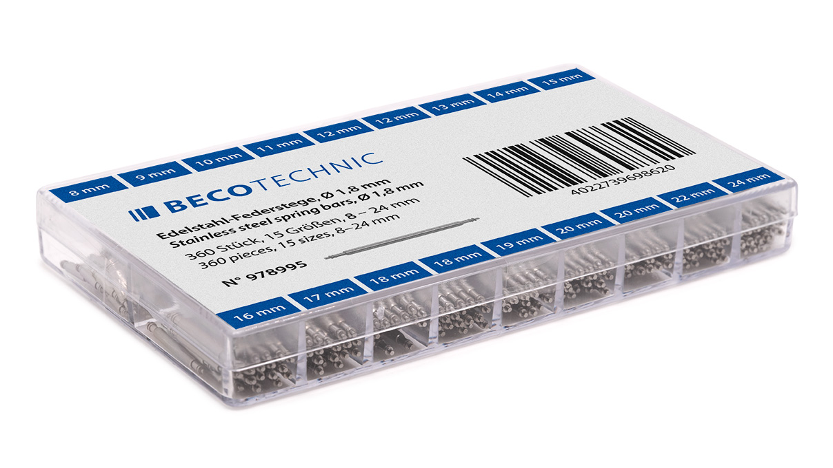 Assortiment de 360 barrettes à ressort en acier inoxydable à double ergot, Ø 1,8 mm, 20 x longueur
8 / 9 / 10 / 11 / 13 / 14 / 15 / 16 / 17 / 19 / 22 / 24 mm, 40 x longueur 12 / 18 / 20 mm