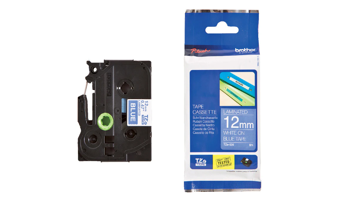 Ruban pour P-touch TZe-535, 12 mm, blanc sur bleu