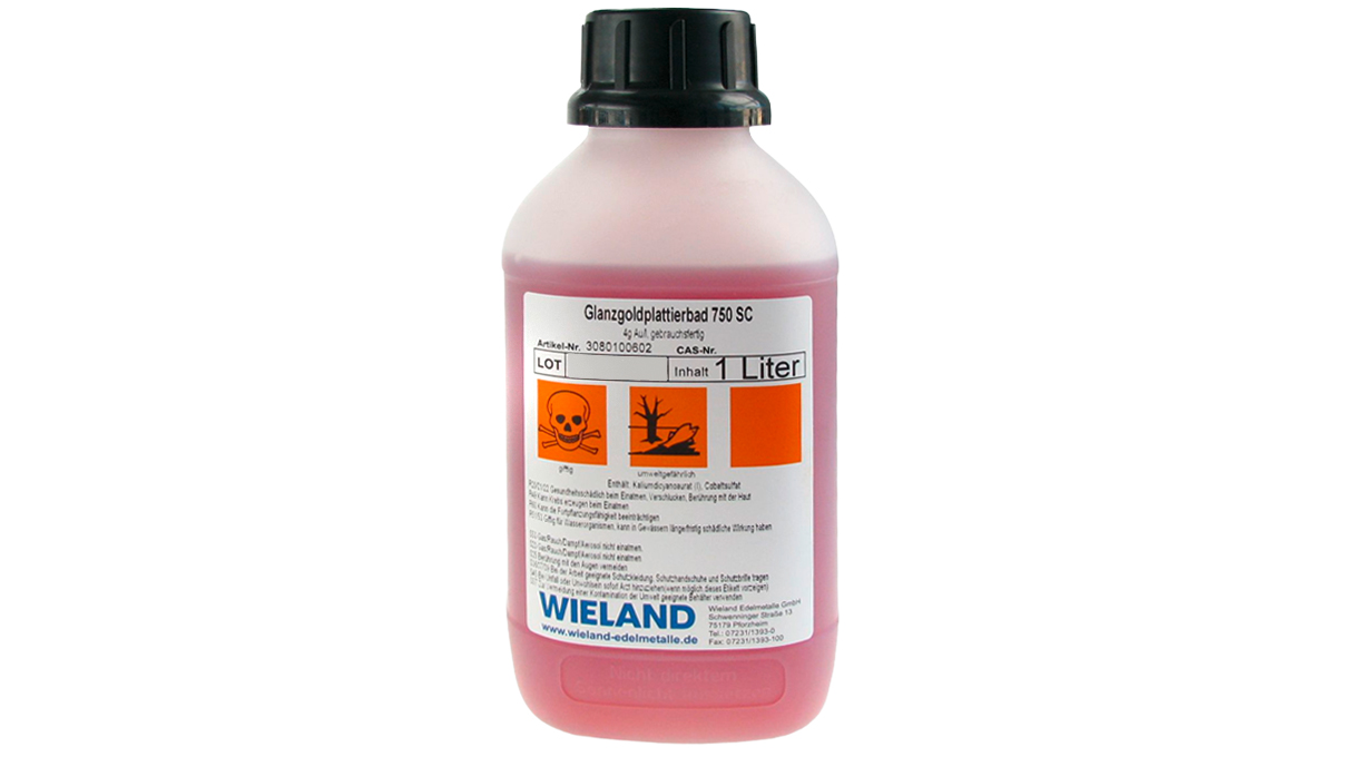 Bain de placage or Wilaplat 750, SC, acide, avec 4 g Au/l (prêt à l'emploi 1 litre)
