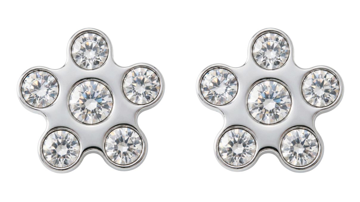 QPP puces d'oreilles K19, fleur, cristal blanc, inox blanc, 1 paire