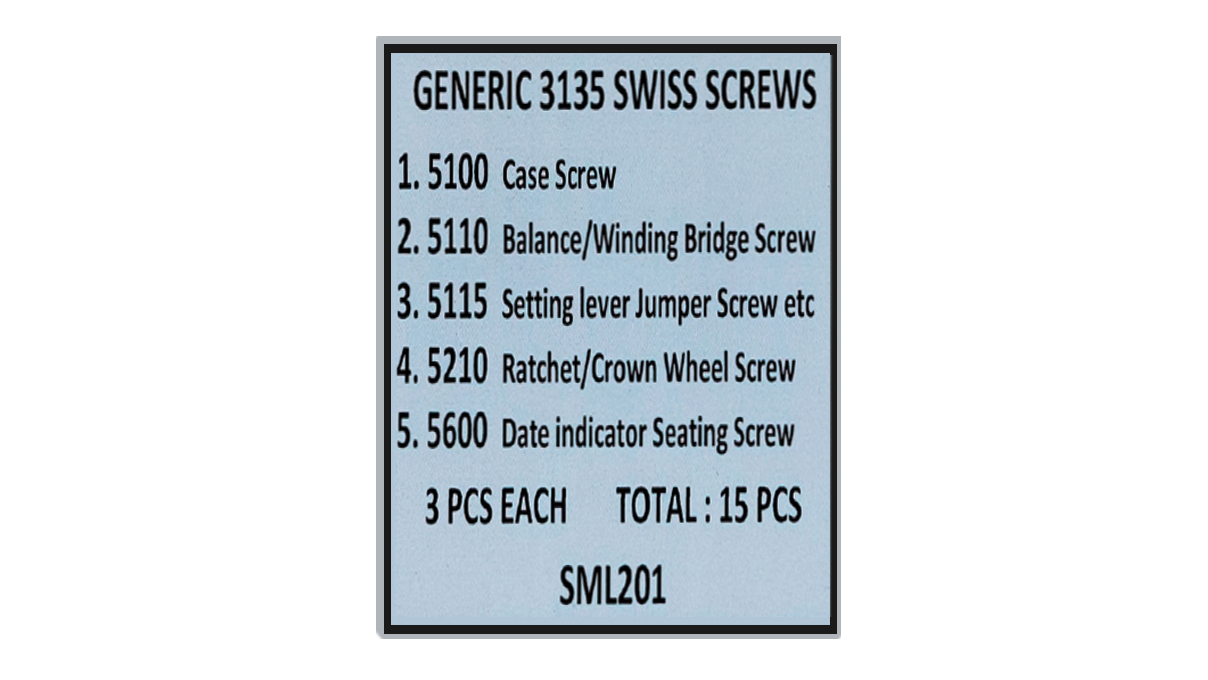Assortiment de vis de mouvement, compatibles avec le calibre 3135, comprenant les types de vis 5100,
5110, 5115, 5210 et 5600, par 3 pièces de chaque