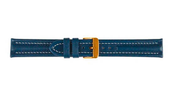Bracelet de montre, Arizona Sport, Cuir de veau, 18 mm, Bleu foncé, Boucle Plaqué or