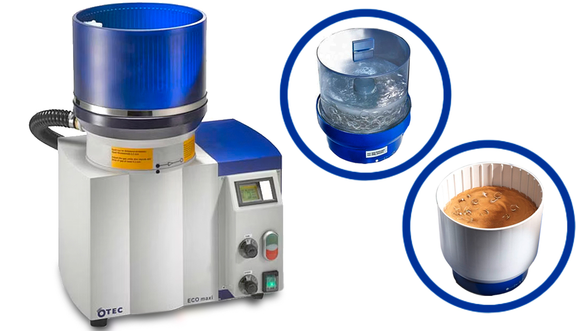 Eco-Maxi 3-in1: Polisseuse centrifuge à disque, avec récipients interchangeables pour le polissage à sec, humide
et magnétique, kits de médias (sec et humide) et tamis manuels (perforation 4 mm et 14 mm)