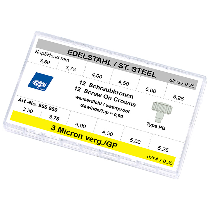 Assortiment de 12 couronnes à vis PB, acier inoxidable et 3 microns jaune, 3,0 x 0,25, filetage 0,90, Ø 3,5-5,25 mm