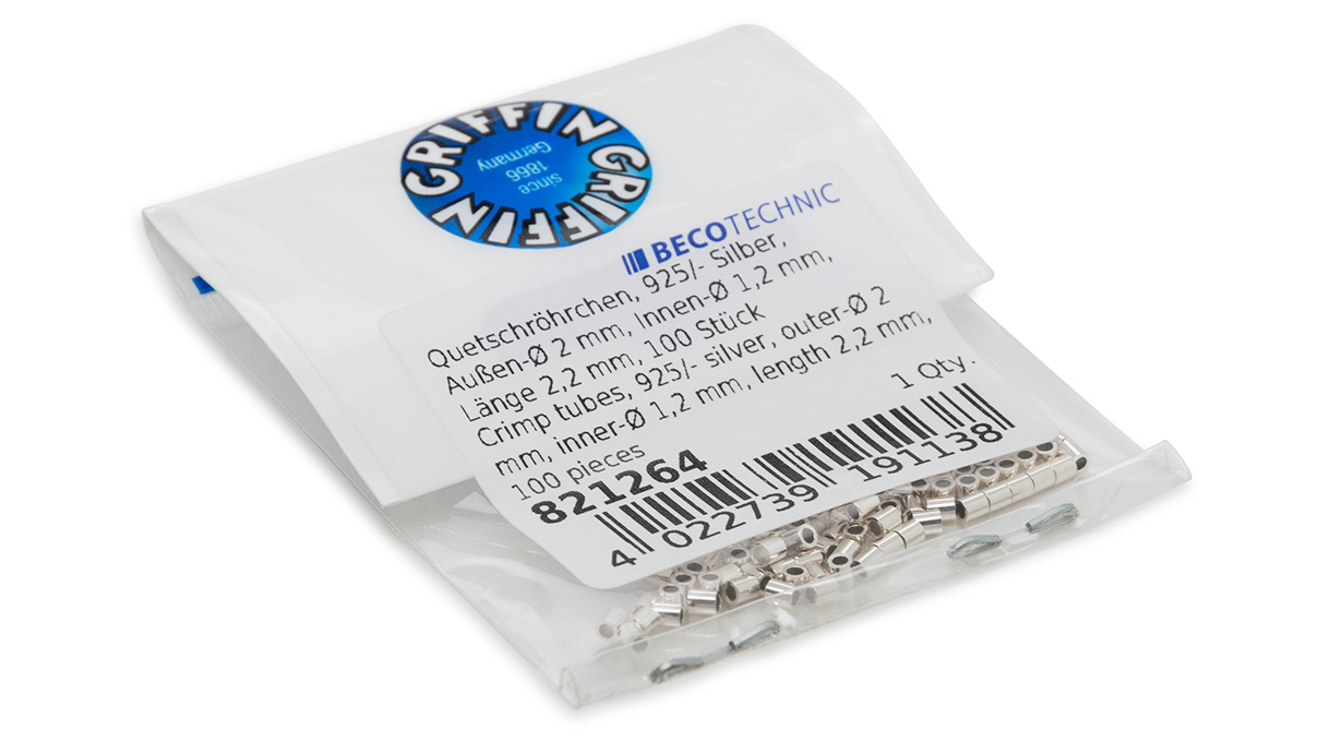 Tubes de sertissage, 925/- argent, Ø extérieur 2 mm, Ø intérieur 1,2 mm, longueur 2,2 mm, 100 pièces