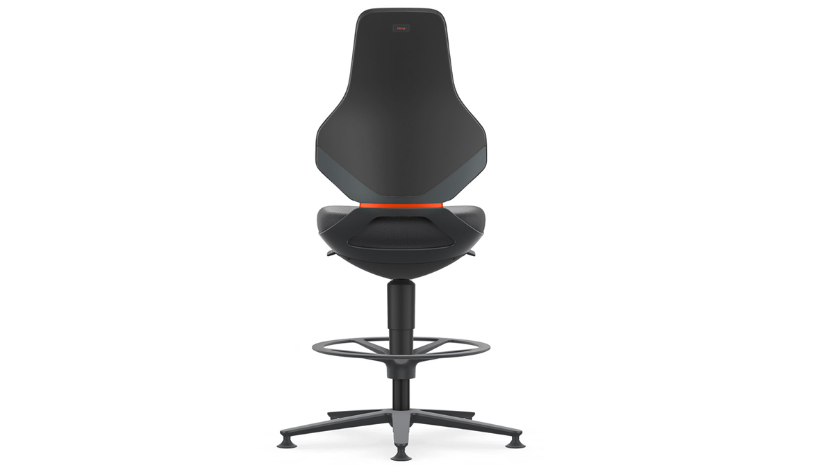 Bimos Texon siège de travail high-tech pour salles blanches, protection ESD, avec patins, et piétement,
hauteur d'assise 57 - 81 cm, sans coussin, technique Auto-Motion, structure noir, Flex-Back orange