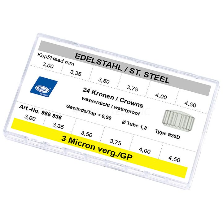 Assortiment 24 couronnes 920 D, étanches, inox et 3 µm OJ, Ø 3 - 4,5 mm, filetage 0,9 mm, tube 1,8 mm, court