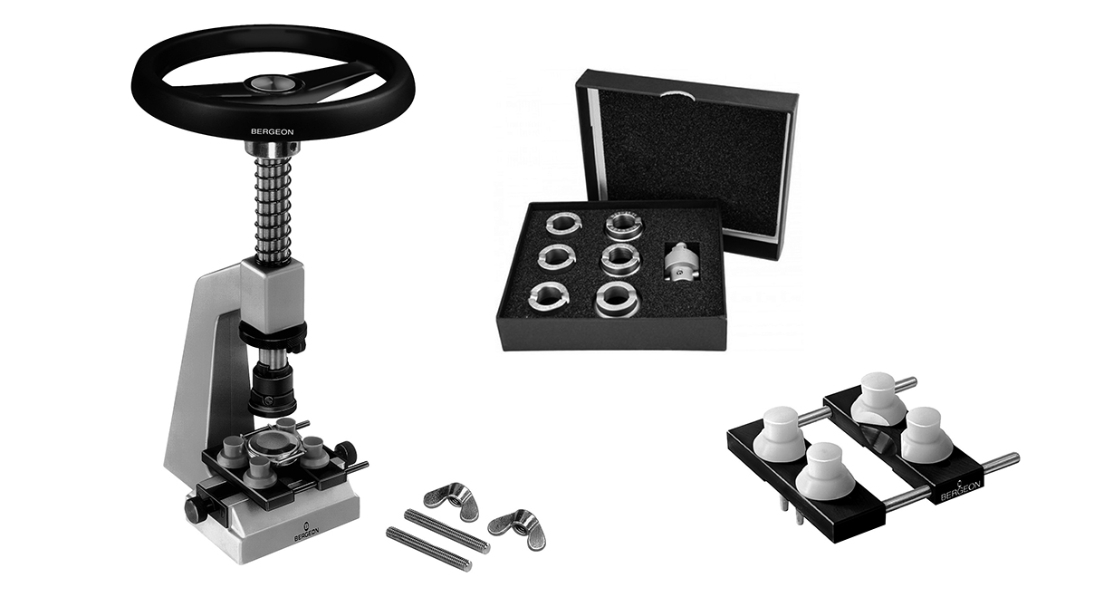 Bergeon 5700-RO Potence pour l'ouverture et la fermeture des boîtiers de montre rainurés avec
accessoires
