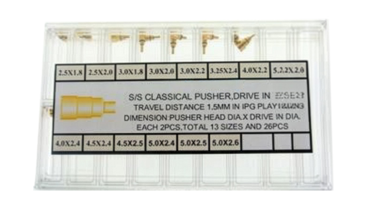 Assortiment de 14 poussoirs pour chronographes, à enfoncer, doré, 13 tailles, 2 pièces de
chaque (tête Ø 2,5 - 5 mm, tige Ø 1,8 - 2,6 mm)