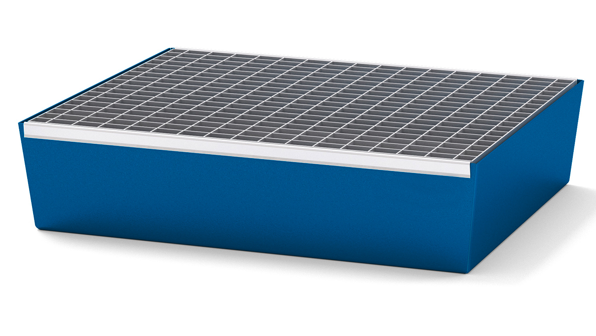 Bac de rétention en acier, bleu gentiane, caillebotis galvanisé, capacité de 60 l, capacité de charge de
400 kg