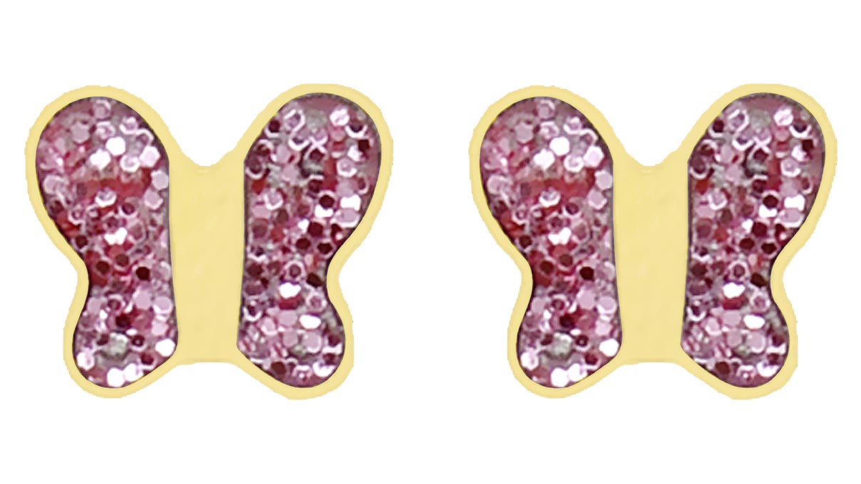 QPP Ohrstecker A18, Schmetterling, Emaille rosa, Edelstahl gelb vergoldet, 1 Paar