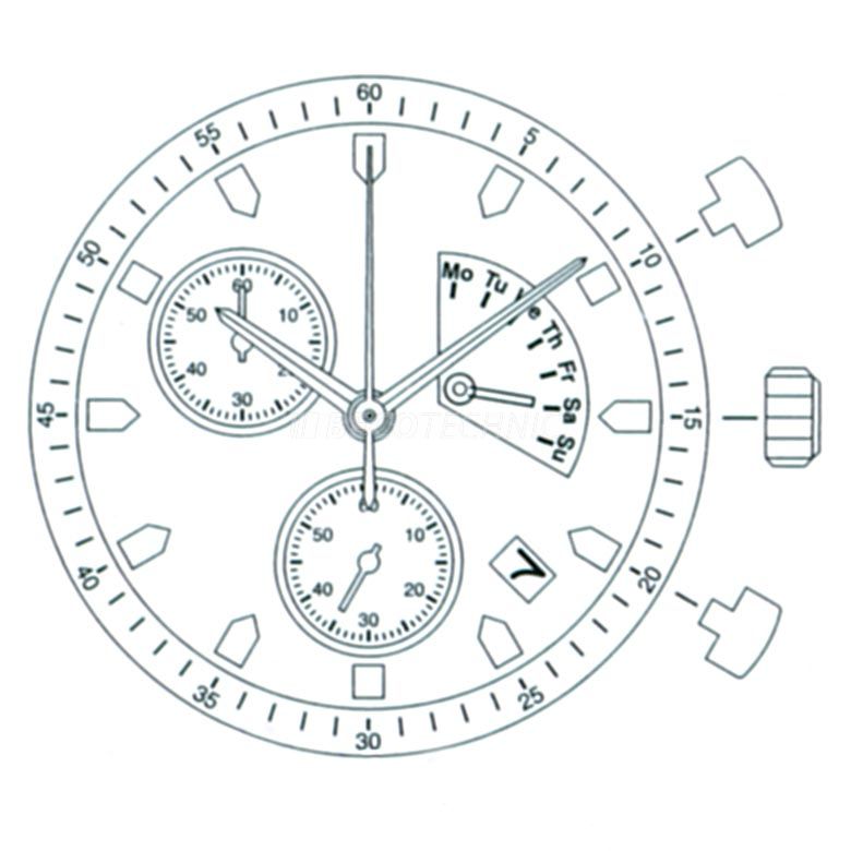 Mvt. Miyota FS60 10 1/2''' DATE4,5/DAY2,5 SC CHR RETRODAY SS MIN Quartz (377 | SR626SW) - Slanted Push