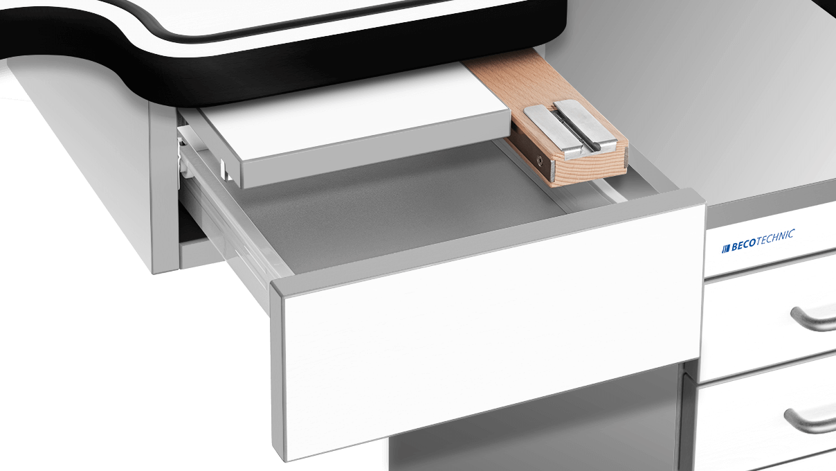 Tiroir du milieu avec plateau coulissant et dispositif d'insertion avec bois de classement et porte-étau, blanc,
équipement en option pour Ergolift 120 cm et 140 cm