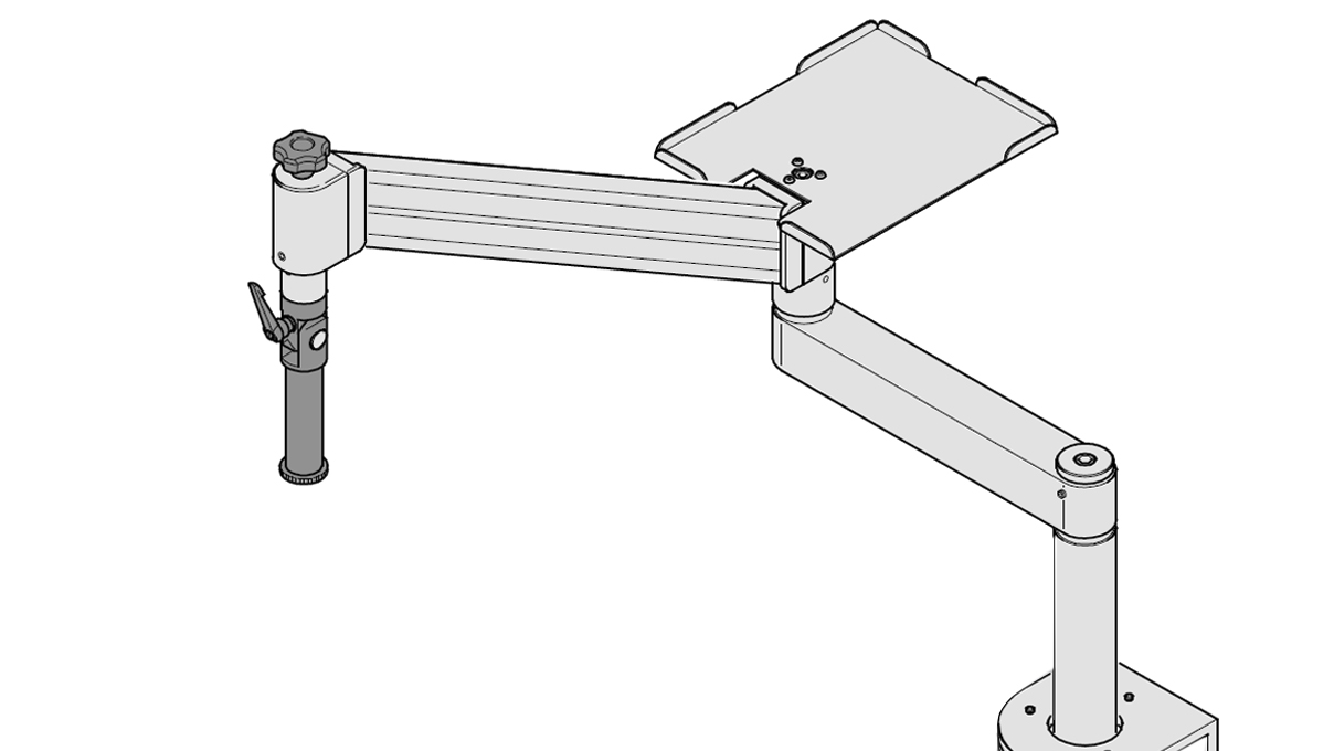 Zeiss Stativ U, pied à bras articulé à ressort comprenant traverse et tête inclinable pour le montage d’un
support de microscope, avec fixation de table par serrage ou vissage