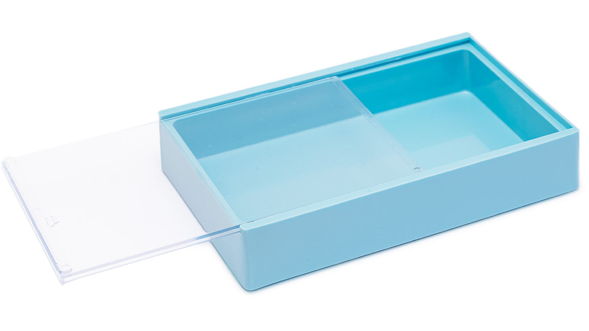 Bergeon 1853-01 Boîte de rangement à 1 compartiment, 120 x 70 x 25 mm, bleu, avec couvercle coulissant
