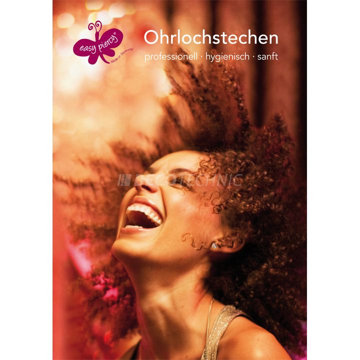 Easy Piercy présentoir de comptoir DIN A4 avec image : 1 femme avec des cheveux bouclés