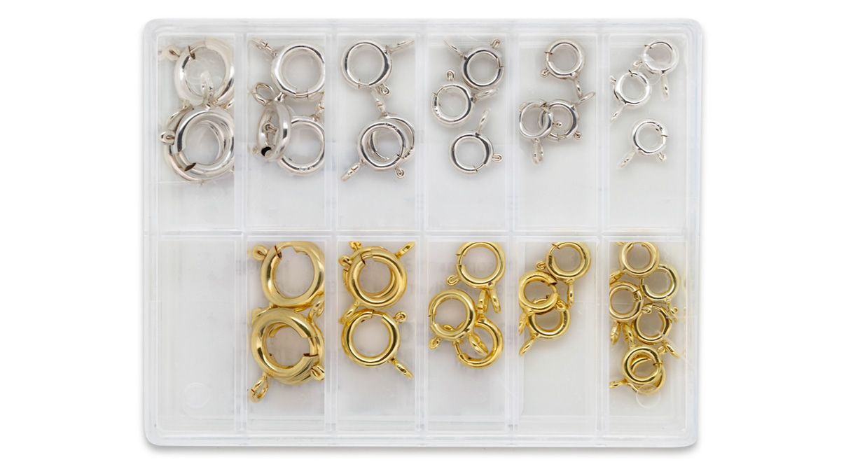 Assortiment d'anneaux à ressort sans collier, Ø 5 - 10 mm, 925/- argent et doublé jaune
