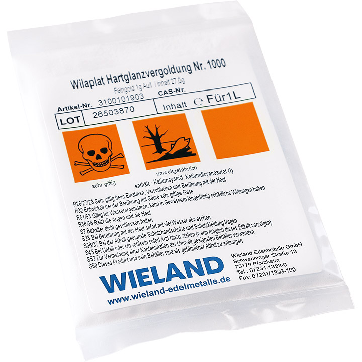 Dorure à l'or dur Wilaplat n° 1000 or fin avec 1 g Au/l, contenant du cyanure (sel de préparation pour 1
litre)
