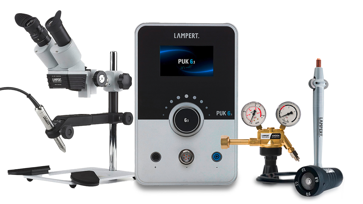 Ensemble complet: Appareil de soudure par points Lampert PUK 6,1 avec microscope et pièce à main,
incluant moteur de meulage d’électrodes, set de raccordement gaz et stylo à fil