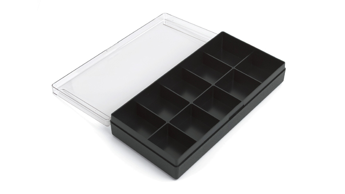 Boîte d'assortiment, 10 compartiments, noir avec couvercle transparent, 290 x 140 x 32,5 mm