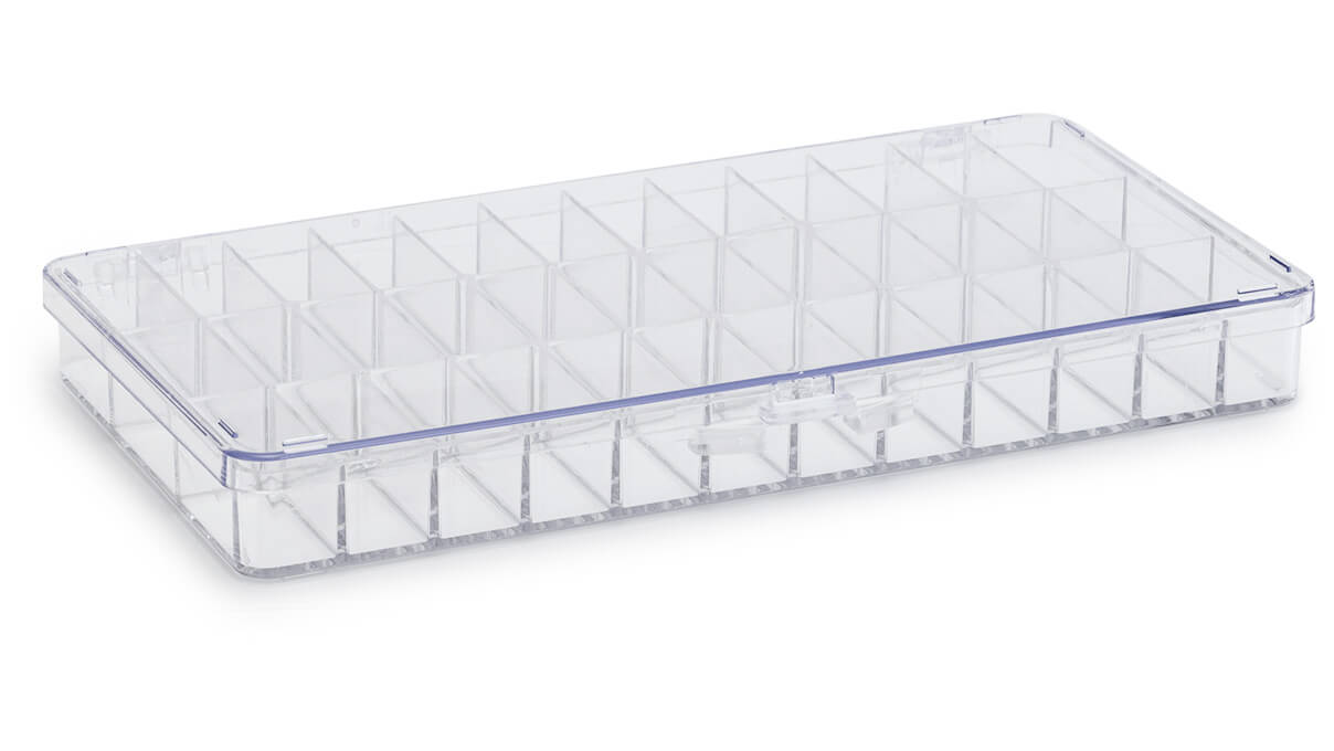 Boîte de rangement à 36 compartiments, avec couvercle à charnières