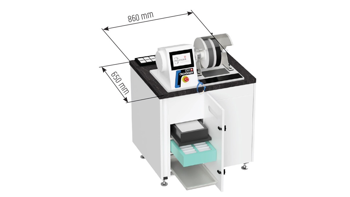 Crevoisier C551 (M12) sur établi S-Line Compact sans rebord de table, aspiration incluse, plateau couleur
ardoise, bloc d'alimentation en bas (400 V)