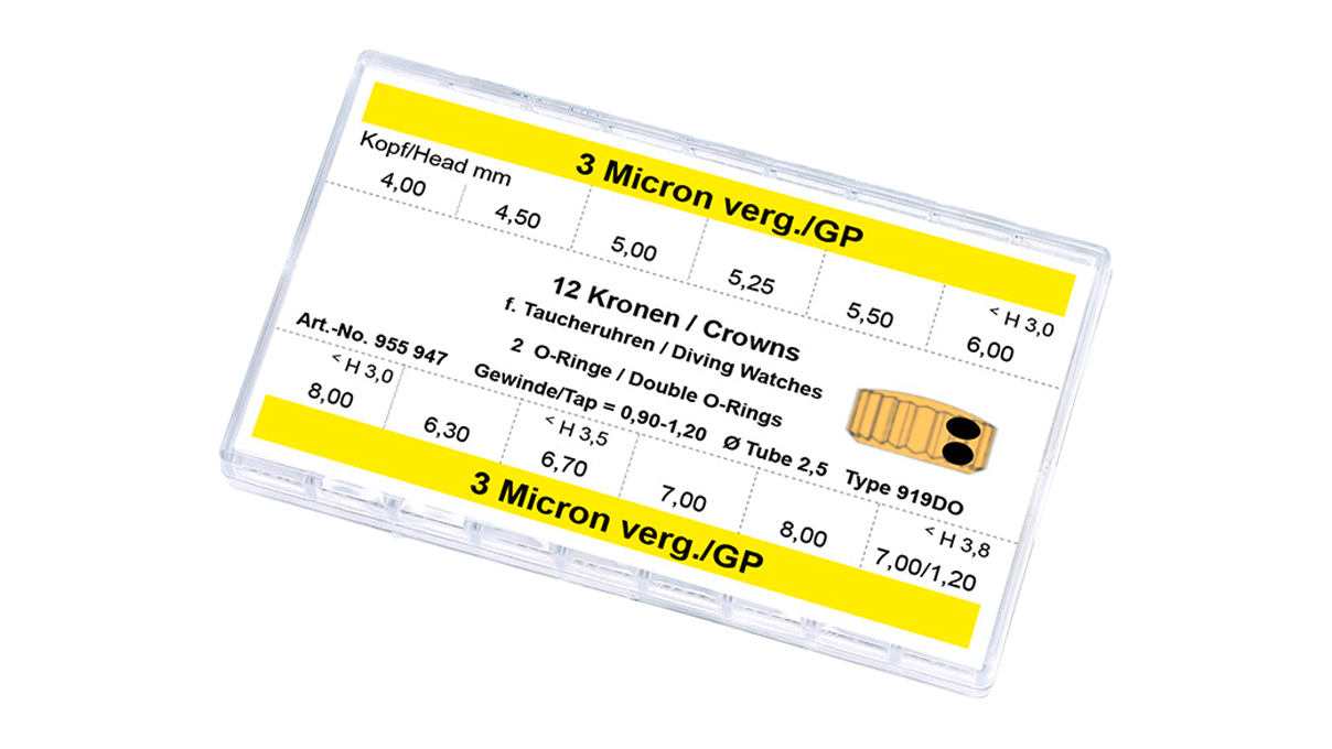 Assortiment de Couronne pour les montres de plongée 919DO, 12 pièce, 3 microns jaune, hauteur 3,0, Ø 4,0-8,0, hauteur 3,8, Ø 7,0-8,0, tubus 2,0, filetage 0,9, hauteur 3,0, Ø 5,5-6,0, filetage 1,2, éta