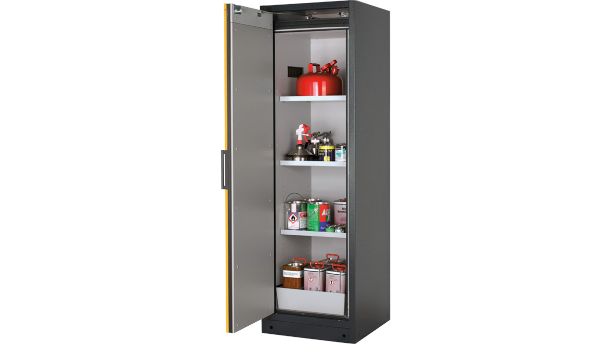 Armoire de sécurité type 30, anthracite/jaune, largeur 56,4 m, 3 étagères, plateau perforé et bac inférieur