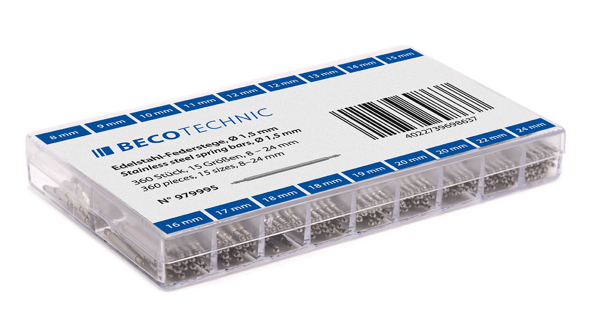 Assortiment de 360 barrettes à ressort en acier inoxydable à double épaulement, Ø 1,3 mm, 20 x longueur
8 / 9 / 10 / 11 / 13 / 14 / 15 / 16 / 17 / 19 / 22 / 24 mm, 40 x longueur 12 / 18 / 20 mm