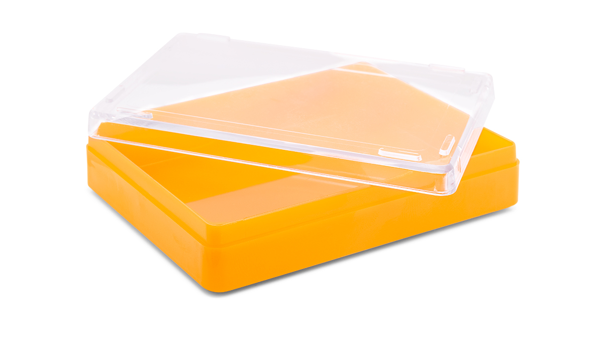 Boîte plastique avec couvercle, jaune, 17 x 90 x 64 mm